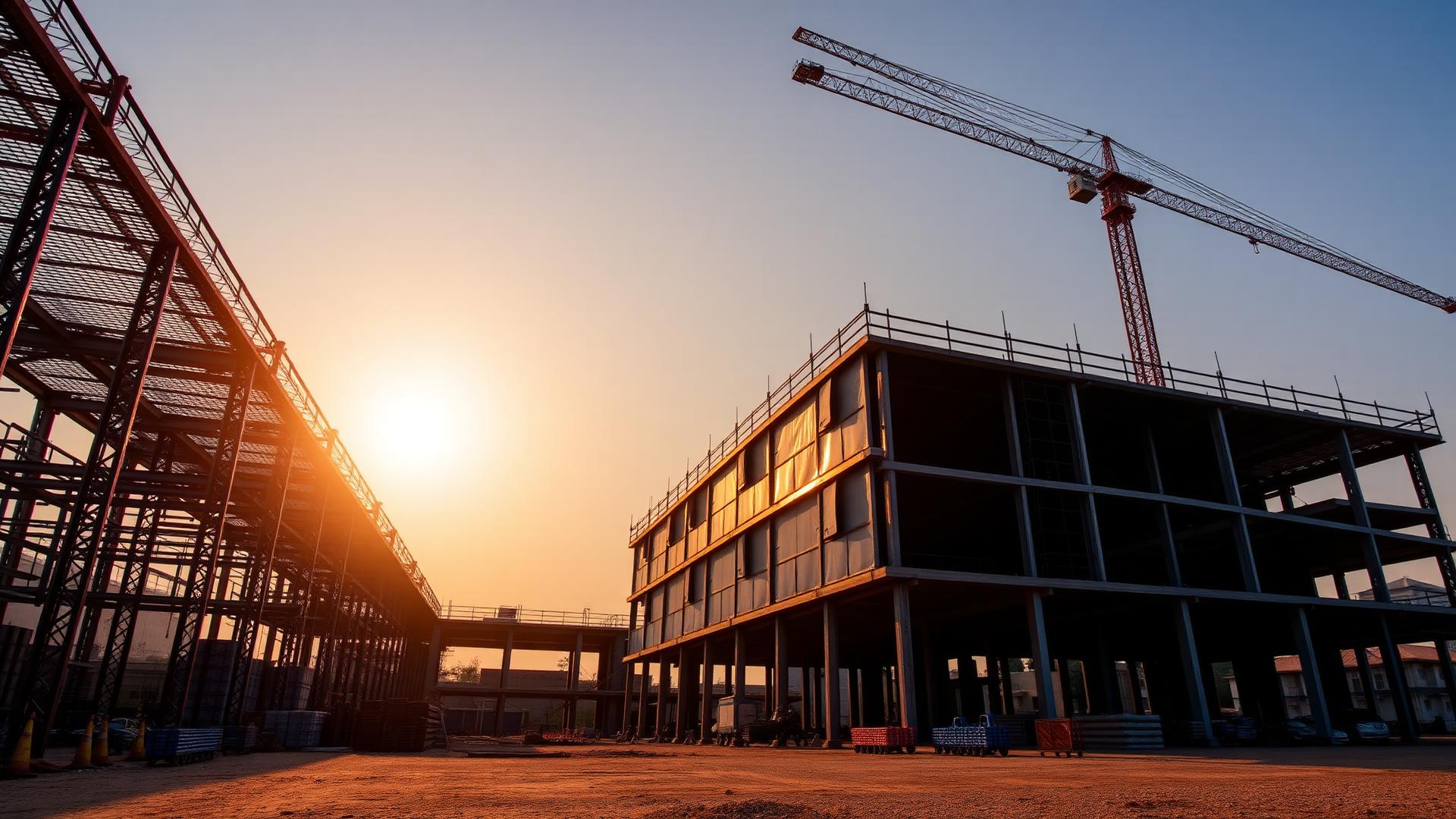 Steel frame construction site at sunset